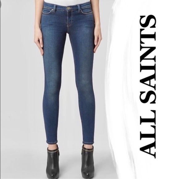 All Saints Y2K Ashby Blue Medium Wash Low Rise Skinny Size 24 motorcycle punk - Picture 1 of 12